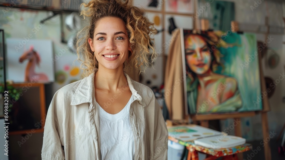Happy young female artist smiles in her colorful art studio surrounded by creative supplies and artwork Happy young female artist smiles in her colorful art studio surrounded by creative supplies and artwork
