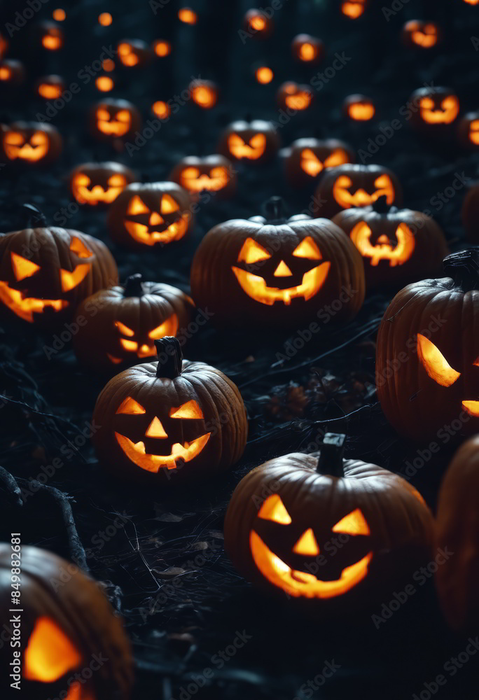 Fototapeta premium Jack-o-Lantern in a Dark Forest at Night