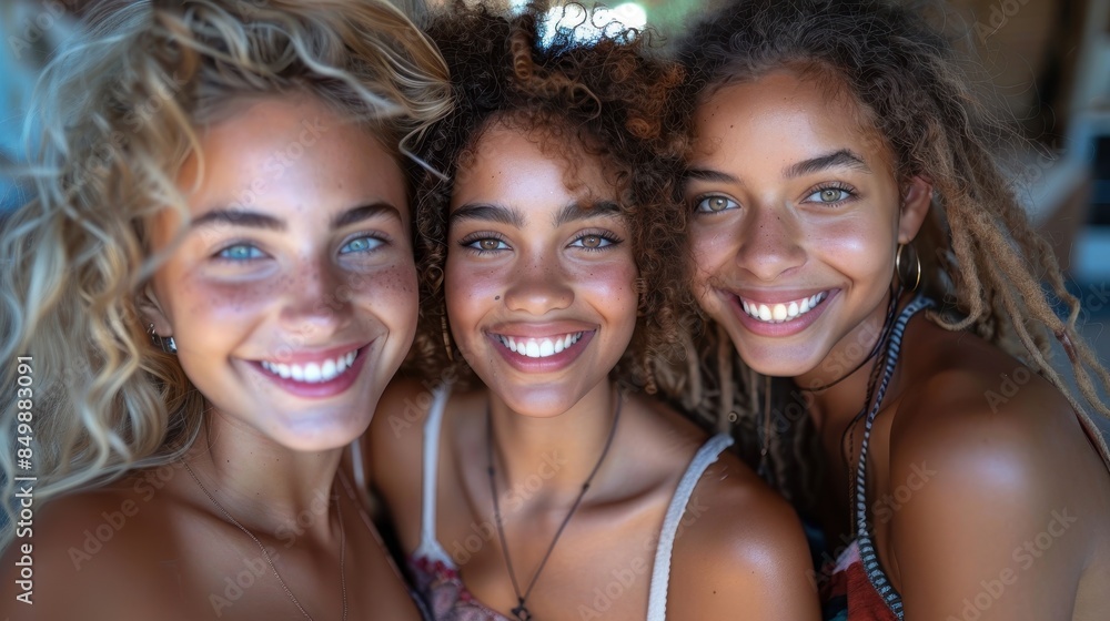 Three young, happy women closely posing for a photo with bright, cheerful smiles and clear eyes, representing friendship and joy Three young, happy women closely posing for a photo with bright, cheerful smiles and clear eyes, representing friendship and joy