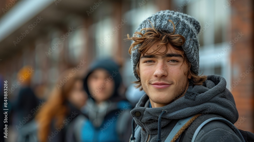 A cheerful young man with curly hair wears a knitted hat, with classmates in the background A cheerful young man with curly hair wears a knitted hat, with classmates in the background