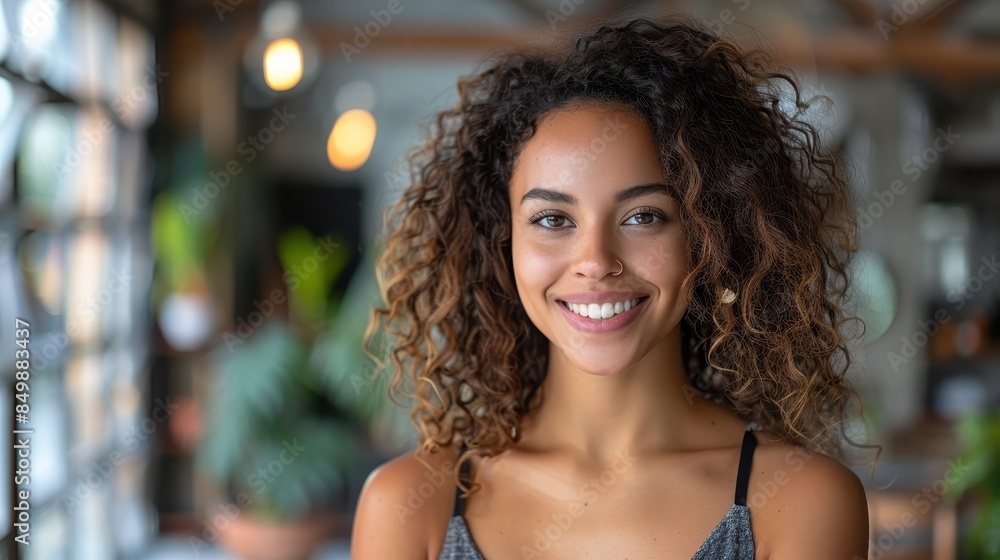 Beautiful curly-haired young woman smiling in a well-lit room with plants Beautiful curly-haired young woman smiling in a well-lit room with plants