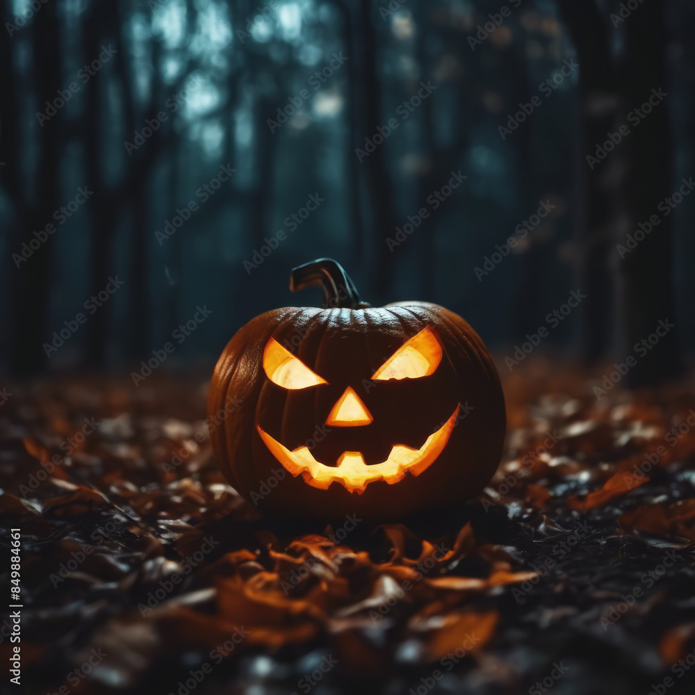 Jack-o-Lantern in a Dark Forest at Night Jack-o-Lantern in a Dark Forest at Night