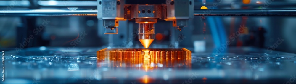High-Precision 3D Printing Process in Action - Close-Up of Industrial 3D Printer Creating a Complex Object with Glowing Orange Filament High-Precision 3D Printing Process in Action - Close-Up of Industrial 3D Printer Creating a Complex Object with Glowing Orange Filament