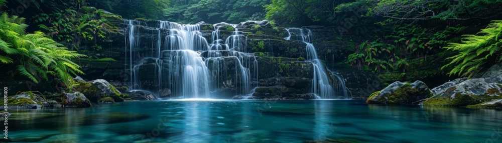 Serene Waterfall Cascading into a Crystal Clear Pool Surrounded by Lush Greenery in a Tranquil Forest Setting Serene Waterfall Cascading into a Crystal Clear Pool Surrounded by Lush Greenery in a Tranquil Forest Setting