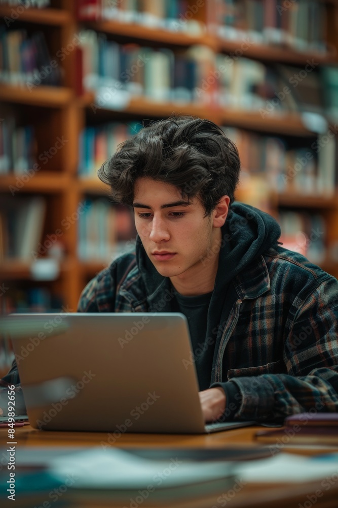 Young Man Studying in Library with Laptop, Focused Student in Casual Clothing, Modern Education, Knowledge and Learning, Academic Environment, Bookshelves Background, Concentration and Productivity Young Man Studying in Library with Laptop, Focused Student in Casual Clothing, Modern Education, Knowledge and Learning, Academic Environment, Bookshelves Background, Concentration and Productivity