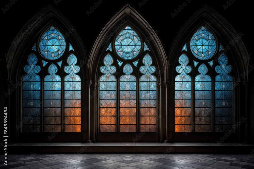 Fototapeta premium Whole old serene empty stained glass scene architecture window wall.
