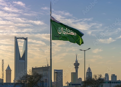 Saudi Arabian Flag Waving Over Riyadh Skyline
