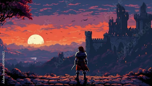 An Young Warrior Standing on the ruin watching Vampire Castle in 8 Bit Style suitabel for Pixel Art game mock up. photo