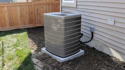 Air heat pump near pool house outdoors.