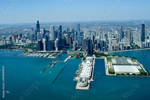 aerial photo of Chicago skyline with Navy pier