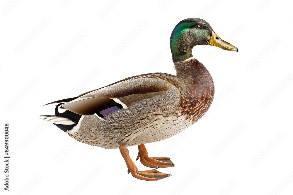 Obraz premium Beautiful close-up of a mallard duck standing on one leg with vibrant green and brown feathers against a white background.