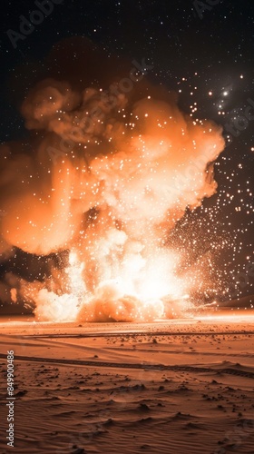 Detonation in desert sand with lots of smoke, fire and sparks at night