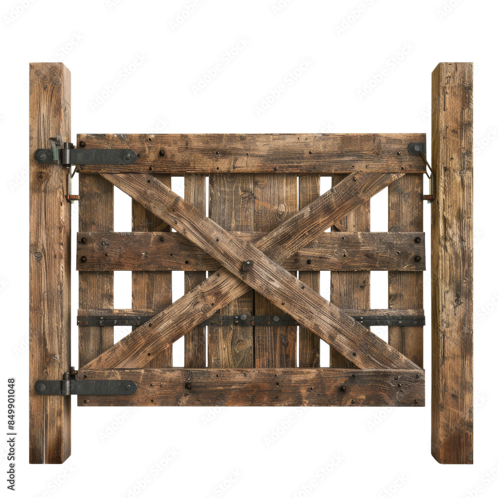Rustic wooden gate with metal hinges, perfect for farmhouses and gardens, adding a vintage touch to your space or outdoor settings. Rustic wooden gate with metal hinges, perfect for farmhouses and gardens, adding a vintage touch to your space or outdoor settings.