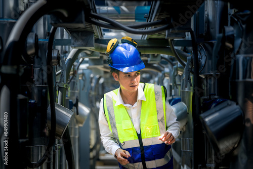 A focused engineer wearing a safety vest and helmet inspects machinery in an industrial setting. The professional diligently checks equipment to ensure proper functionality and safety standards.