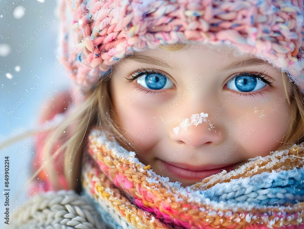 A close-up portrait of a child with big blue eyes and a wide smile, wearing a knitted hat and scarf, with a snowy background and soft falling snowflakes, capturing the wonder of winter A close-up portrait of a child with big blue eyes and a wide smile, wearing a knitted hat and scarf, with a snowy background and soft falling snowflakes, capturing the wonder of winter