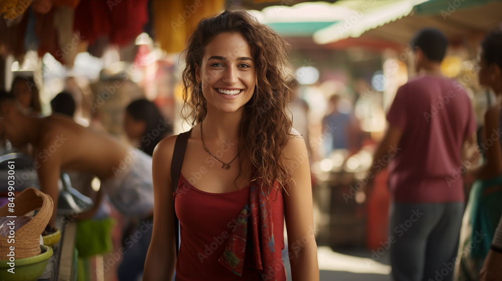 Woman in Maroon Tank Top Shopping at Outdoor Market Woman in Maroon Tank Top Shopping at Outdoor Market