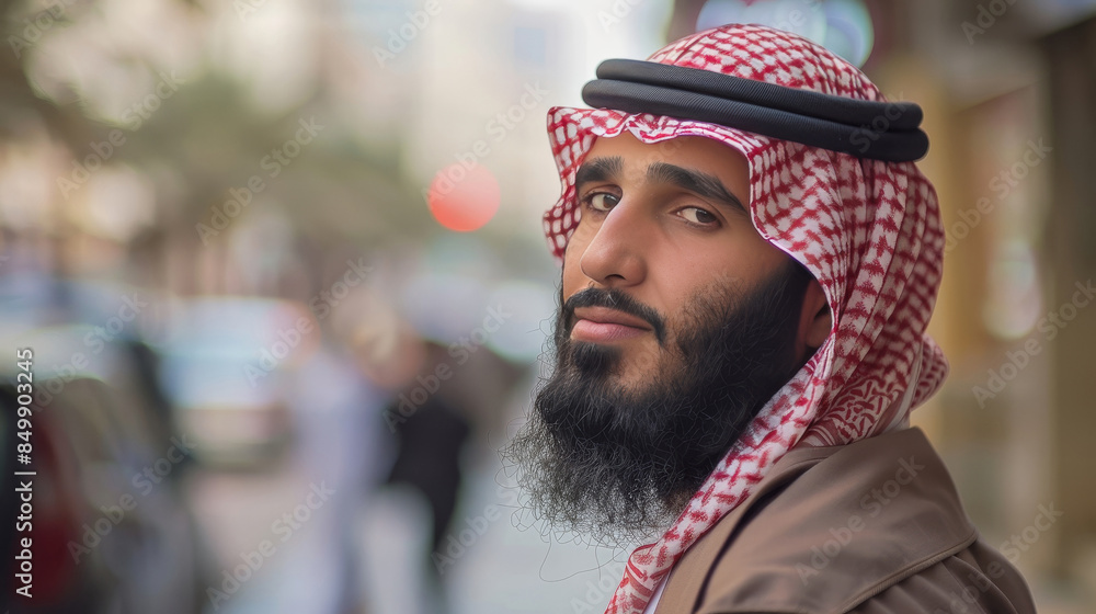 Arab man in traditional attire, donning keffiyeh and kandura, navigates city street, Ai Generated Arab man in traditional attire, donning keffiyeh and kandura, navigates city street, Ai Generated