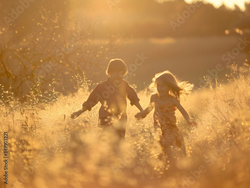 A pair of siblings, one older and one younger, running through a field of tall grass, holding hands and laughing, with the golden light of the setting sun casting long shadows