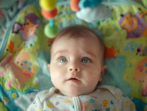 A baby with bright eyes and a soft smile, lying on a colorful blanket, surrounded by plush toys and looking up at a mobile hanging above, capturing the innocence and wonder of infancy
