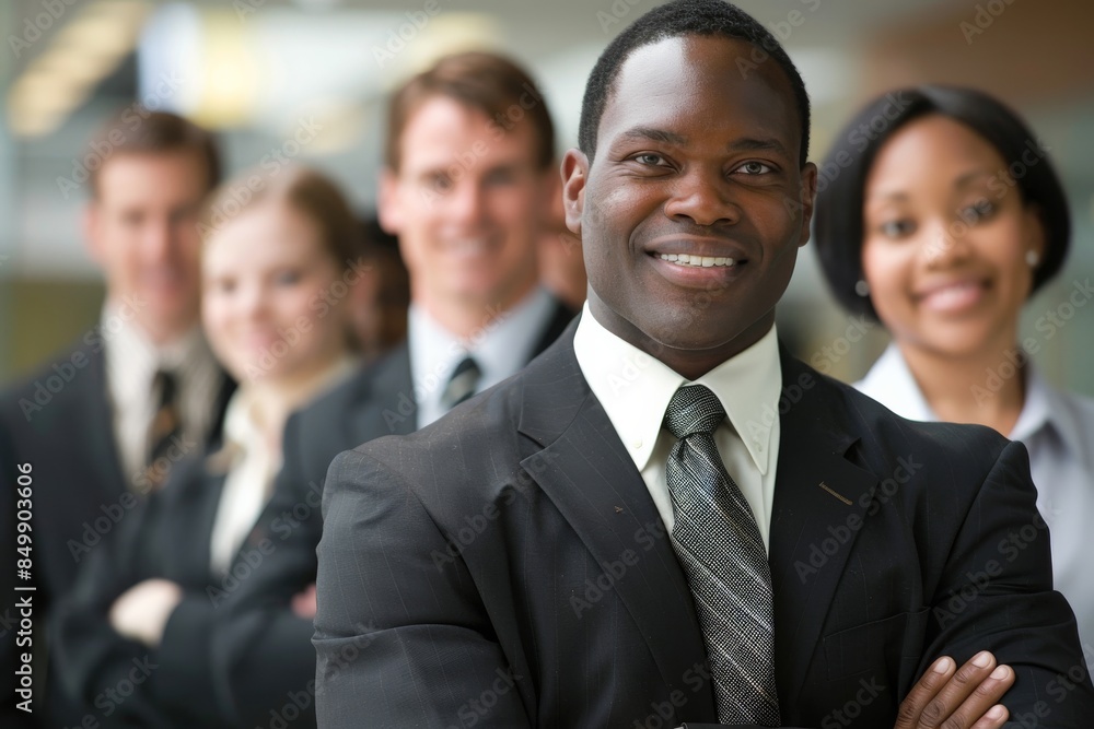 Portrait of a happy african american businessman standing in front of his team Portrait of a happy african american businessman standing in front of his team