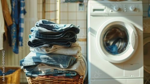 Stack of dirty clothes and washing machine in laundry room