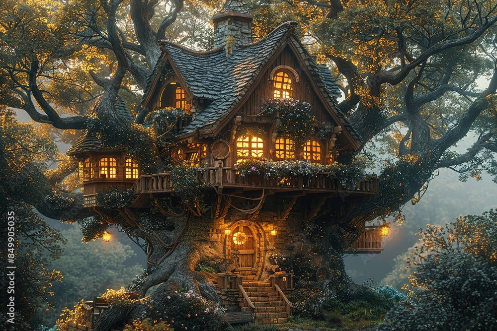 Fototapeta premium forest house fantasy trees fairy landscape home window mysterious illustration green background nature