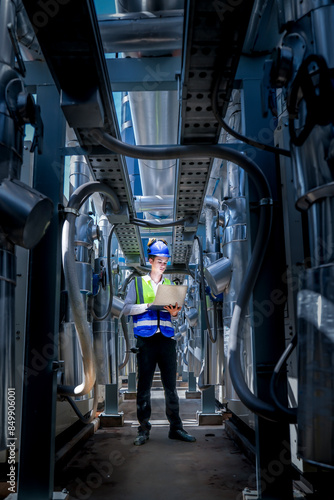 An industrial worker in high-visibility gear and a blue helmet meticulously examines the intricate network of machinery. The engineer is dedicated to maintaining operational efficiency and safety.