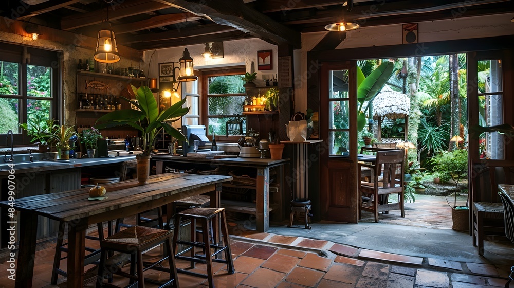 Fototapeta premium Rustic Cottage Kitchen with Charming Culinary Comforts and Homely Decor