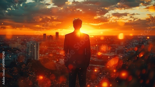 A man stands on a hill overlooking a city at sunset