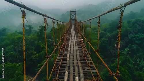 Perilous Rope Bridge Stretching Through Misty Jungle Landscape