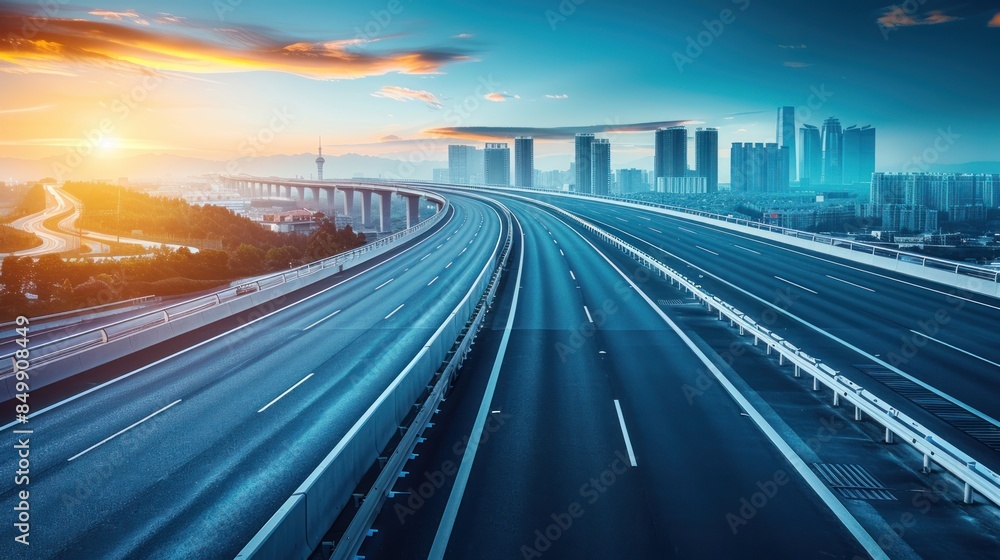 Fototapeta premium Highway Leading to the City at Sunset