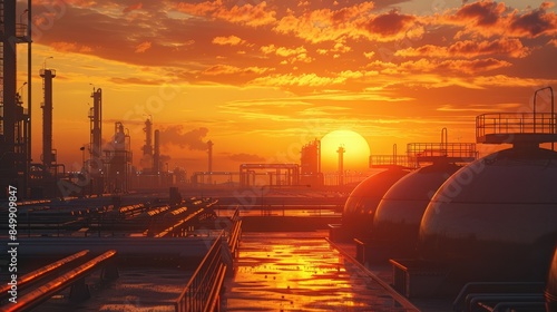 Sunrise over a gas plant with tanks and pipelines, showcasing industrial might