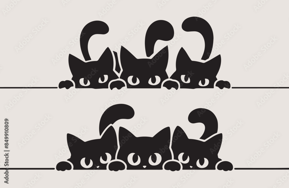 Playful black cats peeking out from the bottom of the frame