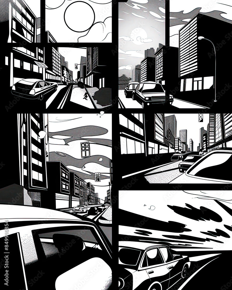 Retro comic template, black and white, clean lines, clear separations, varied panels, dialogue.