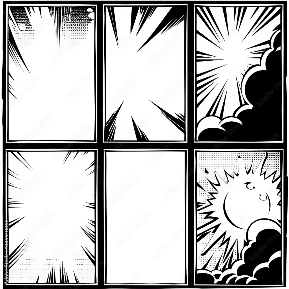 Black and white comic template, retro style, clean lines, clear separations, diverse configurations.