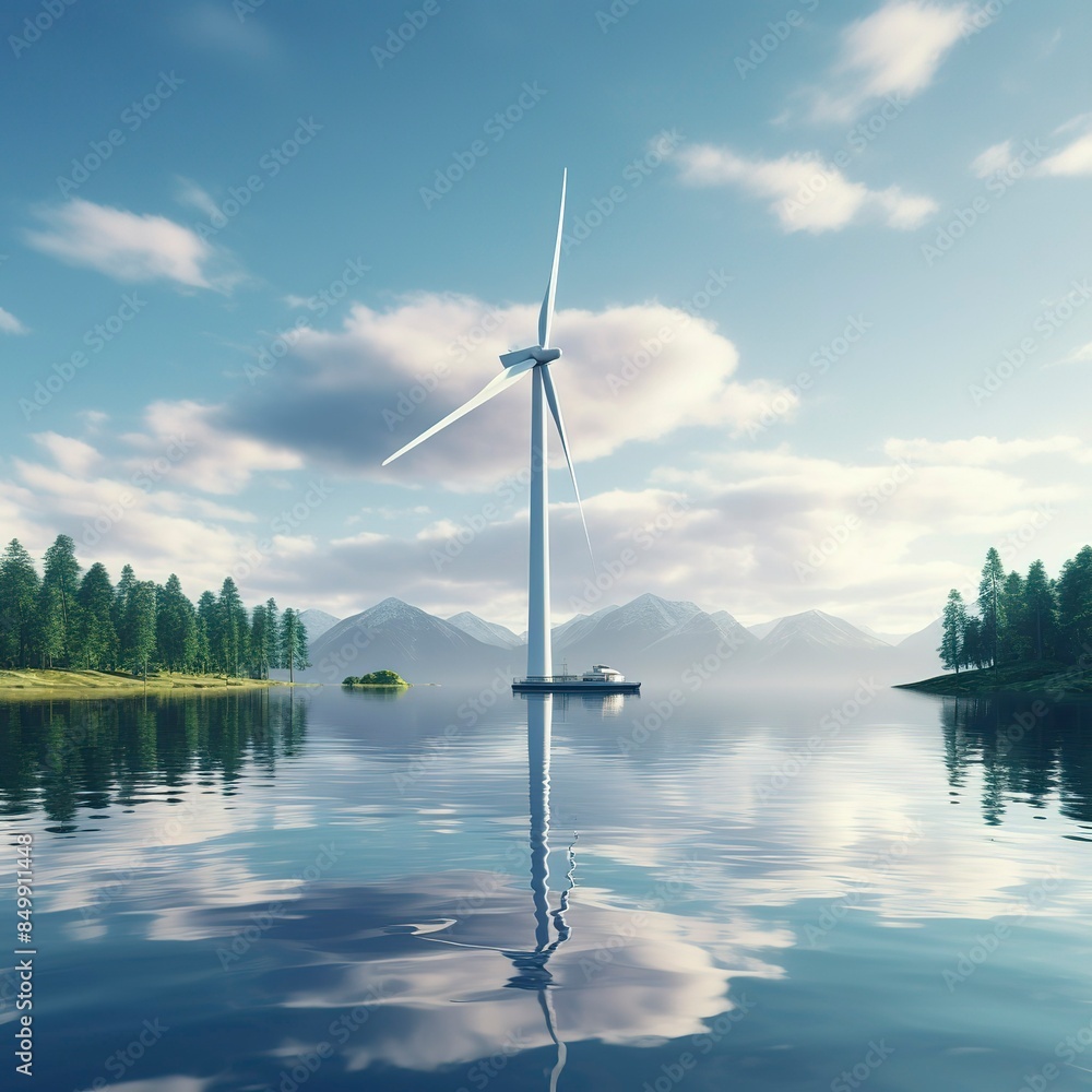 photo of a floating wind turbine in a serene lake. photo of a floating wind turbine in a serene lake.