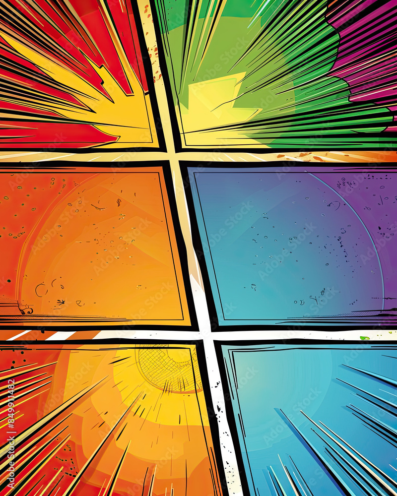 Comic book template, classic style, vibrant colors, clean lines, varied layouts, ready for characters.