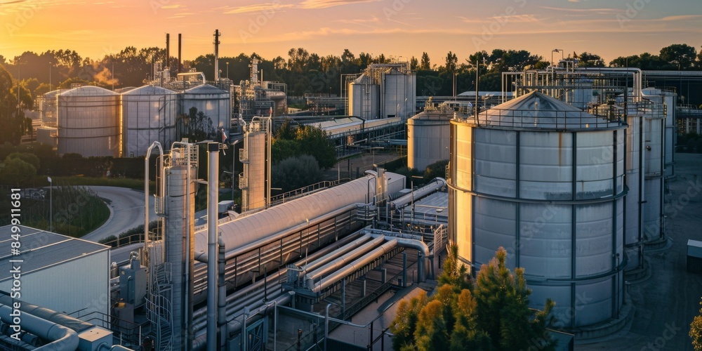 Fototapeta premium Wide shot of a modern industrial petrochemical plant, showcasing silos filled with oil and gas products under a clear sky - AI Image
