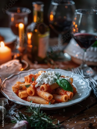 Delicious Italian Rigatoni with Ricotta in Cozy Rustic Kitchen Candlelight | Fujifilm X100V Food Photography photo