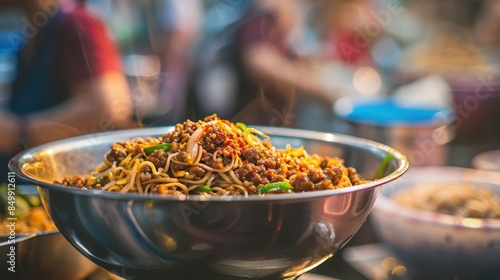 Savory Chinese Dan Dan Noodles in Vibrant Street Food Stall | Canon EOS RP 50mm f/1.8 Close-up photo