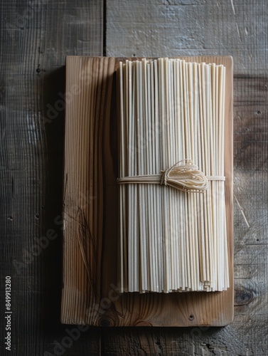 Zen Presentation of Raw Soba Noodles on Wooden Board in Minimalist Kitchen Captured with Fujifilm X-E4, 23mm f/2 Lens photo