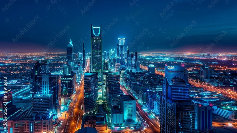 Obraz premium Night View of Illuminated Saudi Arabian City Skyline with Vibrant Skyscrapers and Bustling Streets. Aerial Perspective Overlooking Kingdom Tower and Modern Architecture Against Dark Blue Sky.