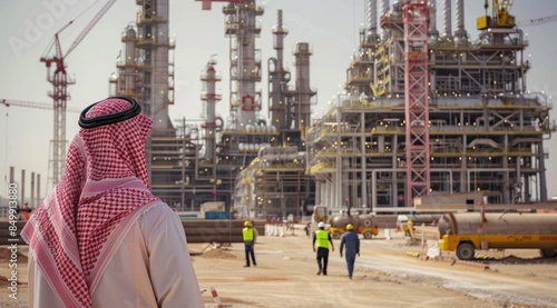 Man in traditional Saudi attire standing beside an industrial oil and gas site under construction, blending heritage with modern industry - AI Image
