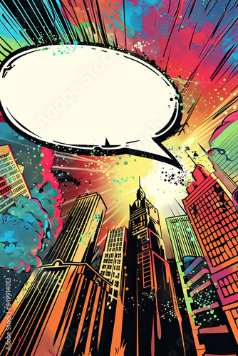 Comic book page, dynamic speech bubble, hero in foreground, vibrant cityscape, bright colors, high contrast.