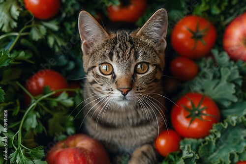 Portrait of a cat with fruits and vegetables around him Healthy food