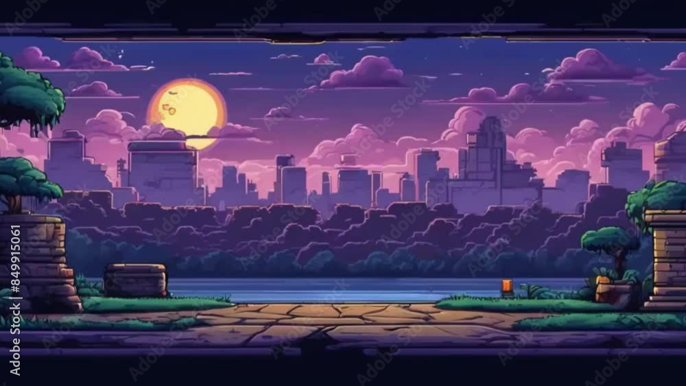 Pixel art game background with button level up. Game design concept in ...