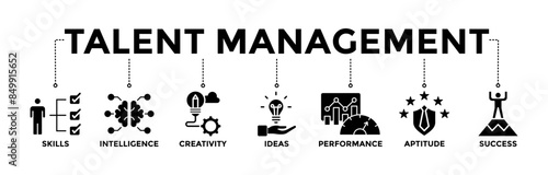 Talent management banner icons set for human resource and recruitment with glyph style icon of skills, intelligence, creativity, ideas, performance, aptitude, and success	