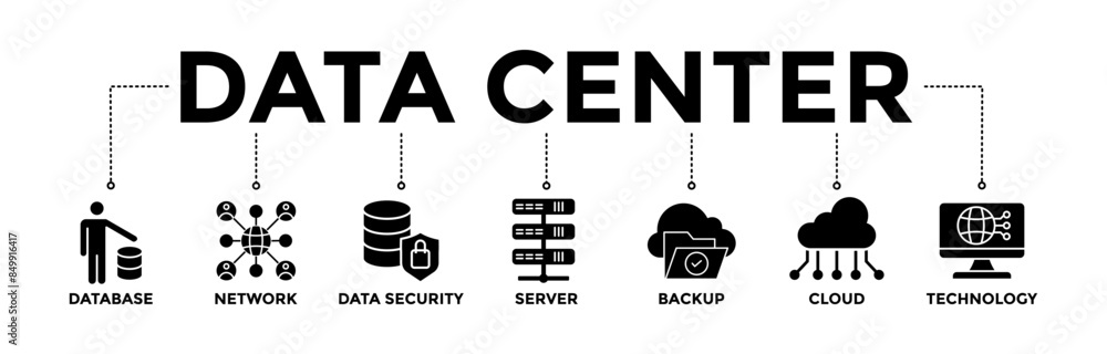 Data center banner icons set with black outline icon of database, network, data security, server, backup, cloud, and technology Data center banner icons set with black outline icon of database, network, data security, server, backup, cloud, and technology