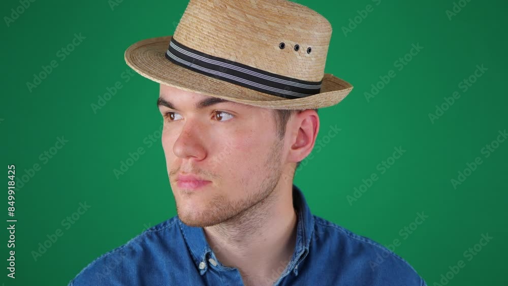 A young man in a blue shirt and a straw hat looks closely at something, turns his head and looks straight at him, smiles. Green background. Slow motion. A young man in a blue shirt and a straw hat looks closely at something, turns his head and looks straight at him, smiles. Green background. Slow motion.