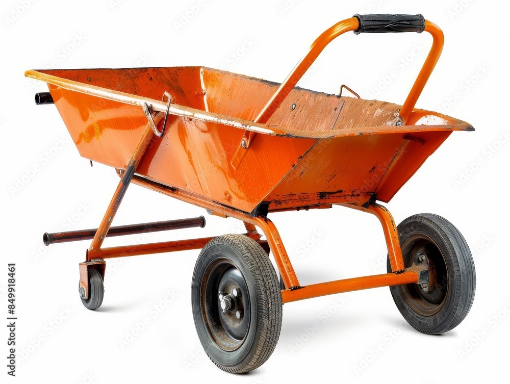 Orange heavy-duty wheelbarrow with dual wheels and a sturdy handle, perfect for gardening, farming, and construction tasks, white background Orange heavy-duty wheelbarrow with dual wheels and a sturdy handle, perfect for gardening, farming, and construction tasks, white background
